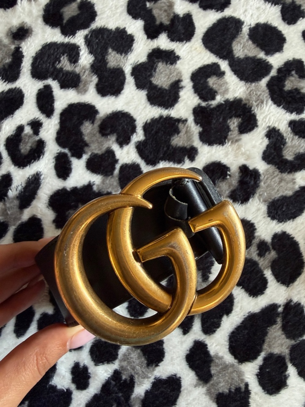 Designer-Inspired Black Leather Belt with Gold Double G Buckle